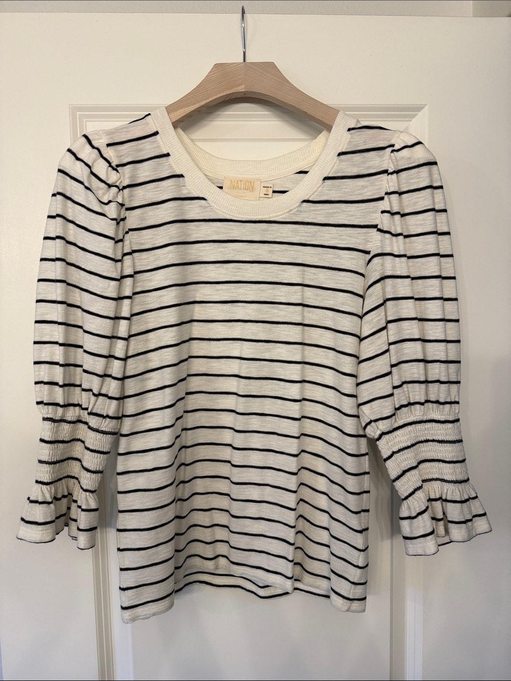 Nation LTD Cream and Black Striped Puff Sleeve Top